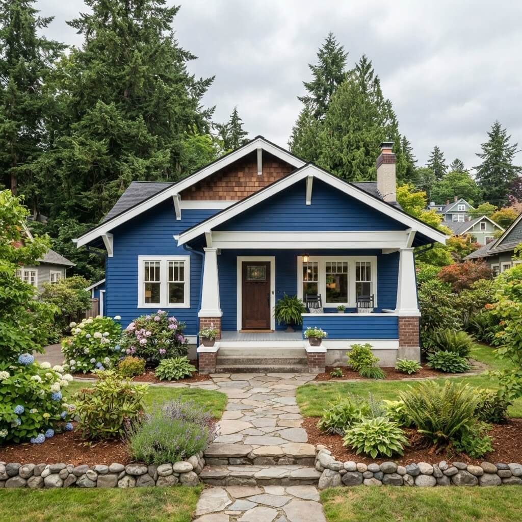Craftsman with brick porch and royal blue siding