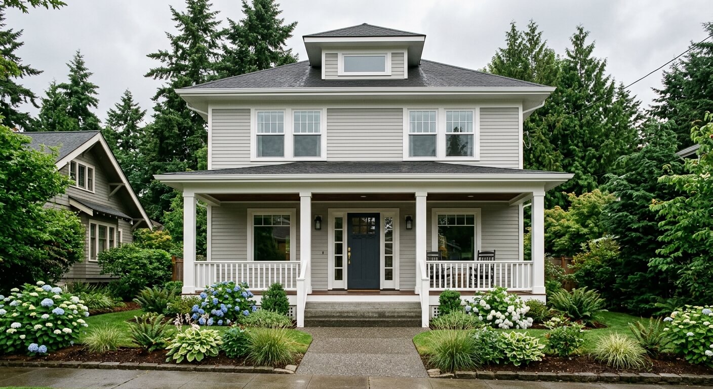 Trim work on a grey porch house