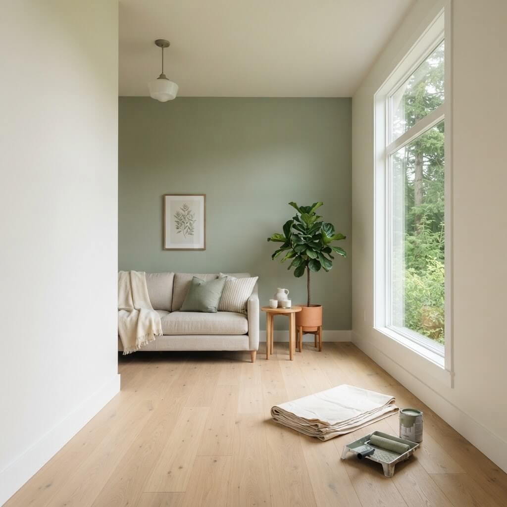 Paint tray and drop cloth in a sage room