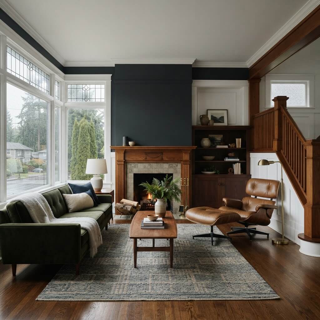 Living room with navy feature wall and fireplace