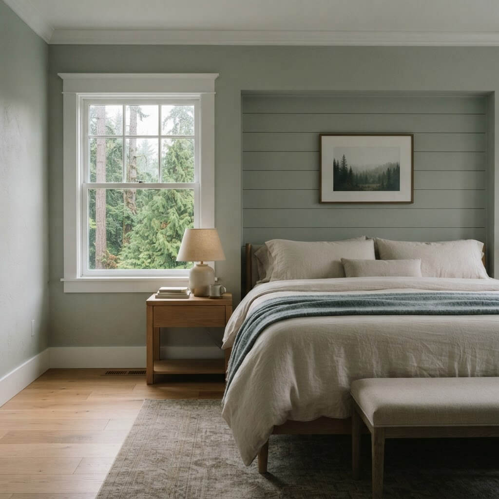 Shiplap detail in a sage bedroom