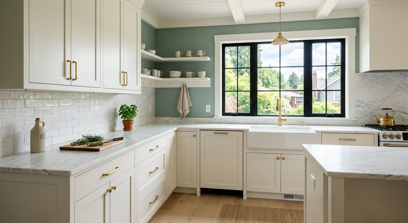 Kitchen with brass pulls and marble counters