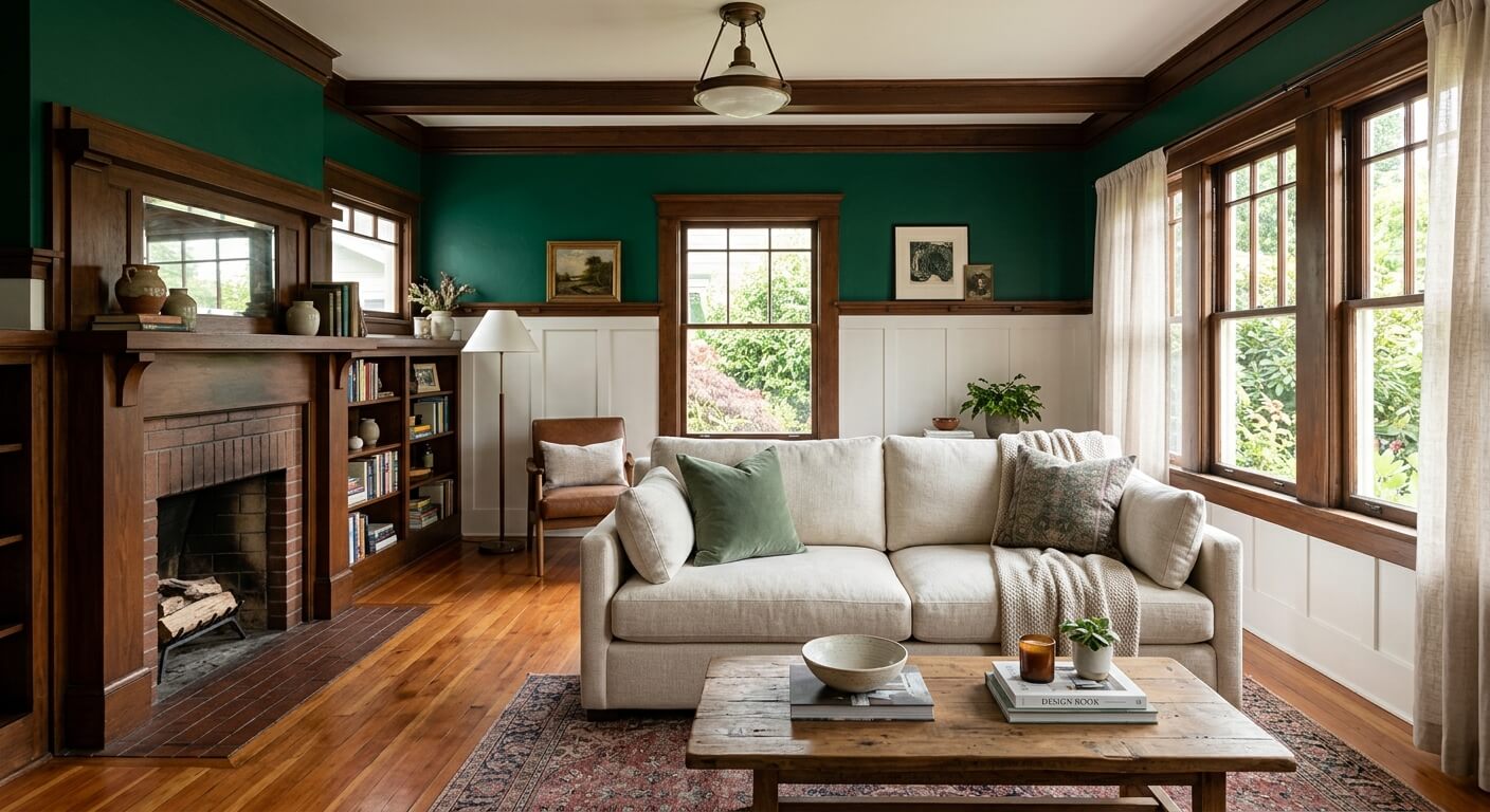 Heritage living room with dark green walls